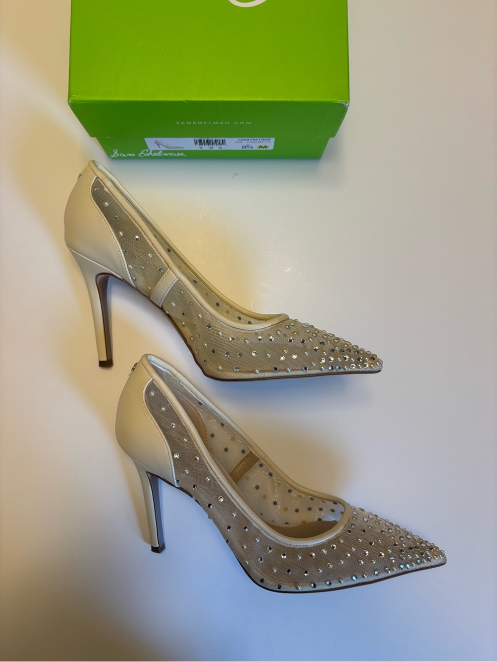 Sam Edelman Hazel Mesh Point Toe Pump Ivory Embellished Pearl Rhinestoned